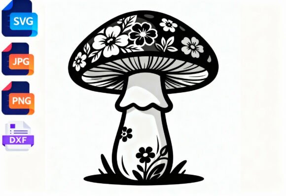 Floral Mushroom SVG Cut File Black and